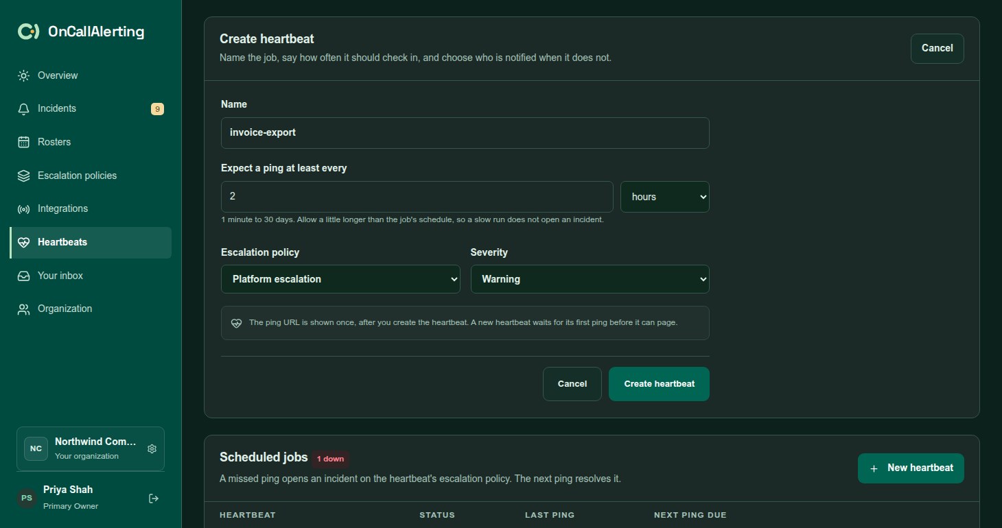 The Create heartbeat form with name, interval, escalation policy and severity