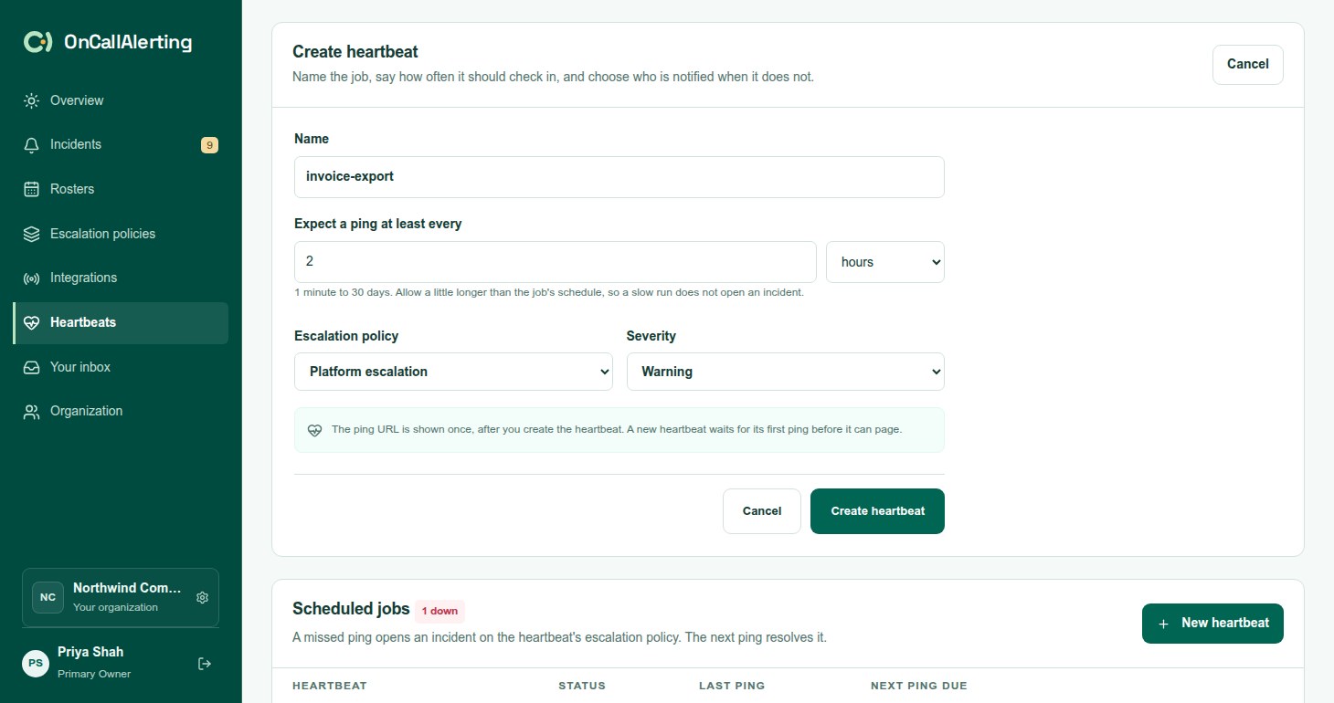 The Create heartbeat form with name, interval, escalation policy and severity