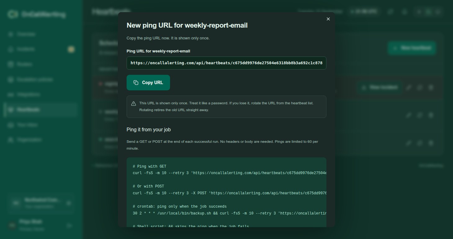 The one-time ping URL dialog with the URL, a copy button and curl, crontab and systemd examples