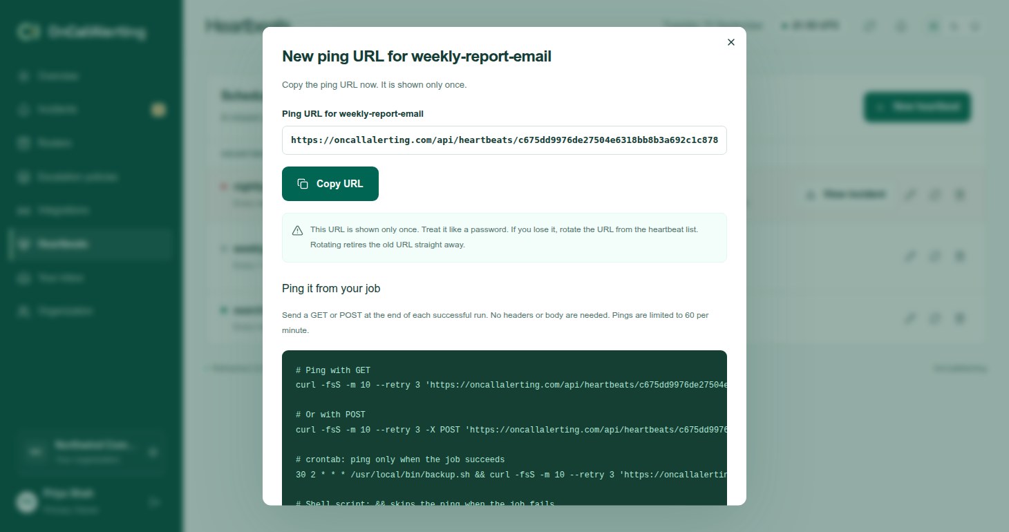 The one-time ping URL dialog with the URL, a copy button and curl, crontab and systemd examples