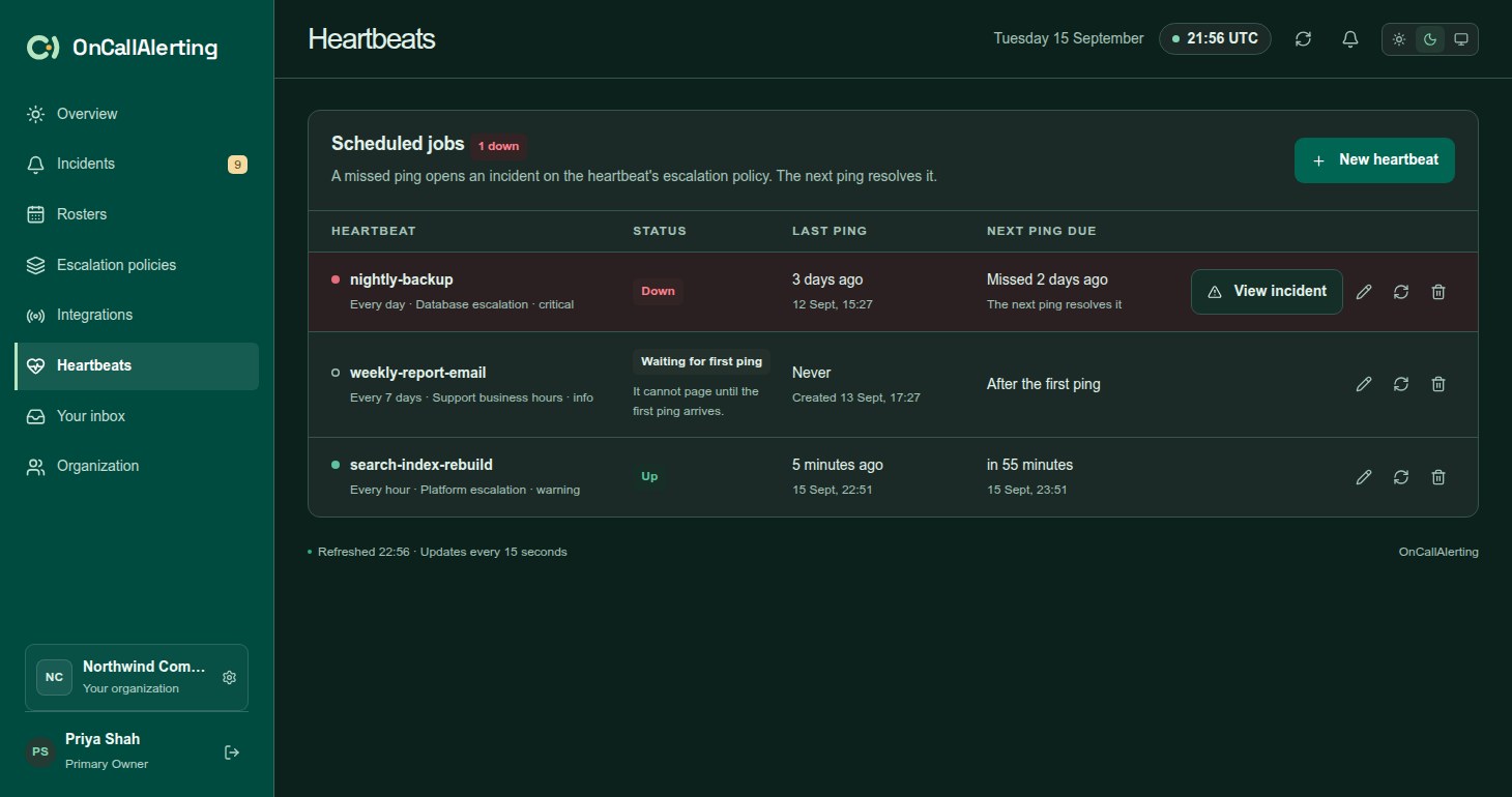 The Heartbeats page with one heartbeat down, one up and one waiting for its first ping