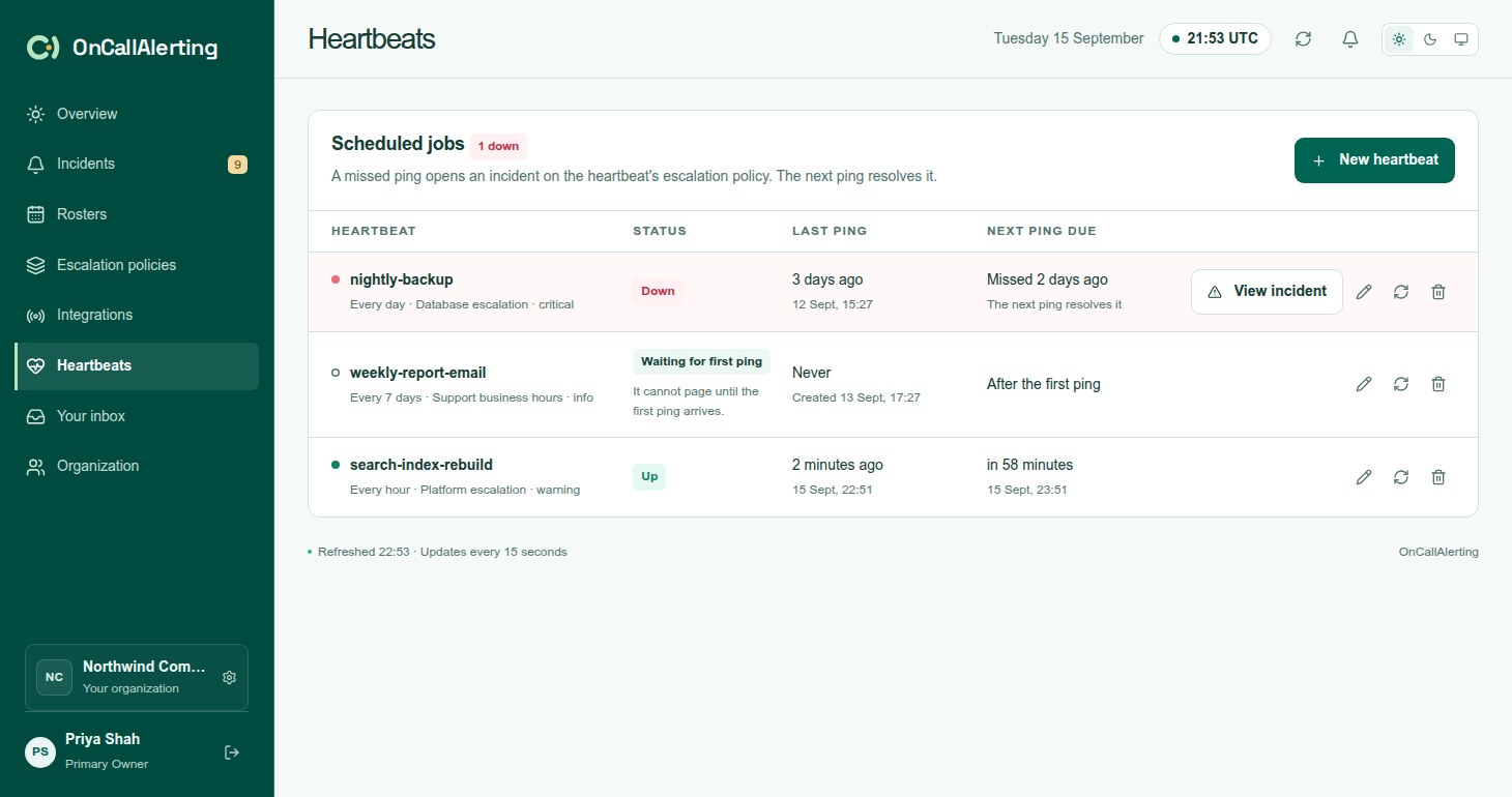 The Heartbeats page with one heartbeat down, one up and one waiting for its first ping