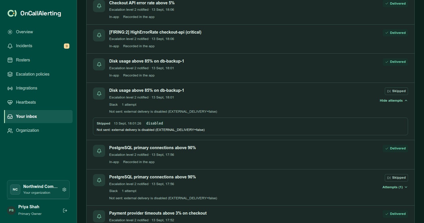 Your inbox with notifications, their delivery status pills and one expanded list of Slack delivery attempts