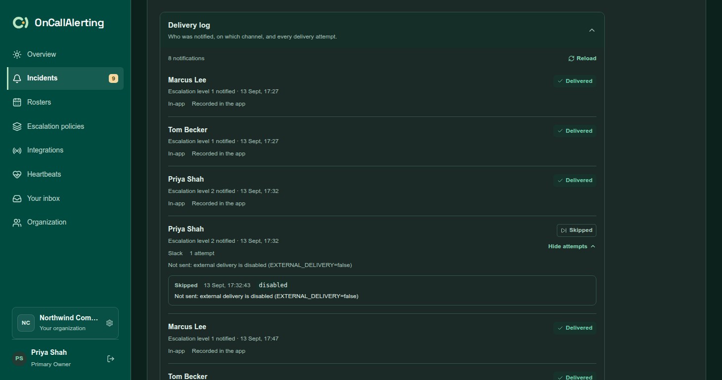 The Delivery log of an incident expanded, listing each notification with its channel, status and delivery attempts
