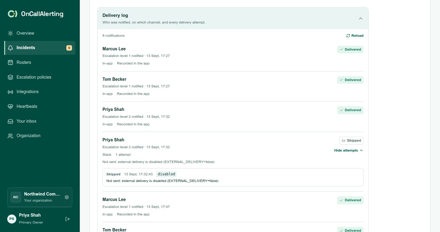The Delivery log of an incident expanded, listing each notification with its channel, status and delivery attempts