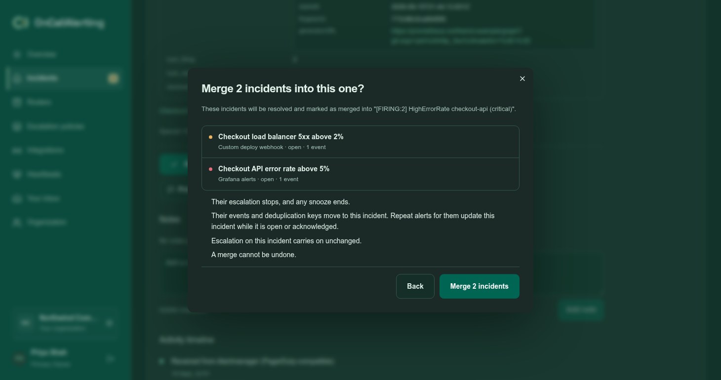 The merge confirm step listing the chosen incidents and what the merge will do