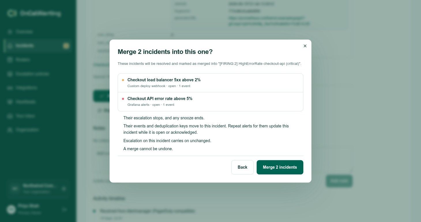 The merge confirm step listing the chosen incidents and what the merge will do
