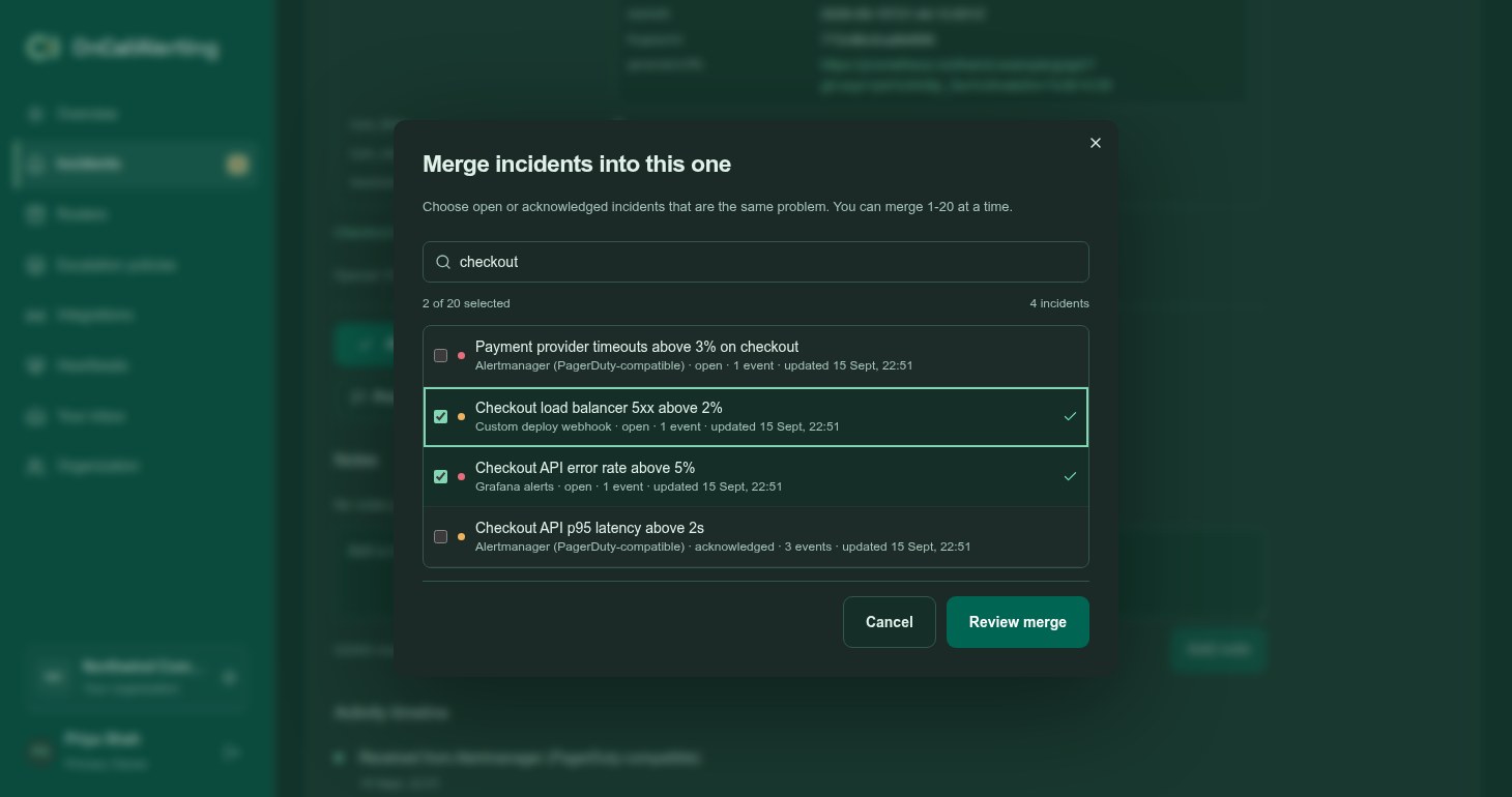 The Merge incidents into this one dialog, with a search box and two incidents selected
