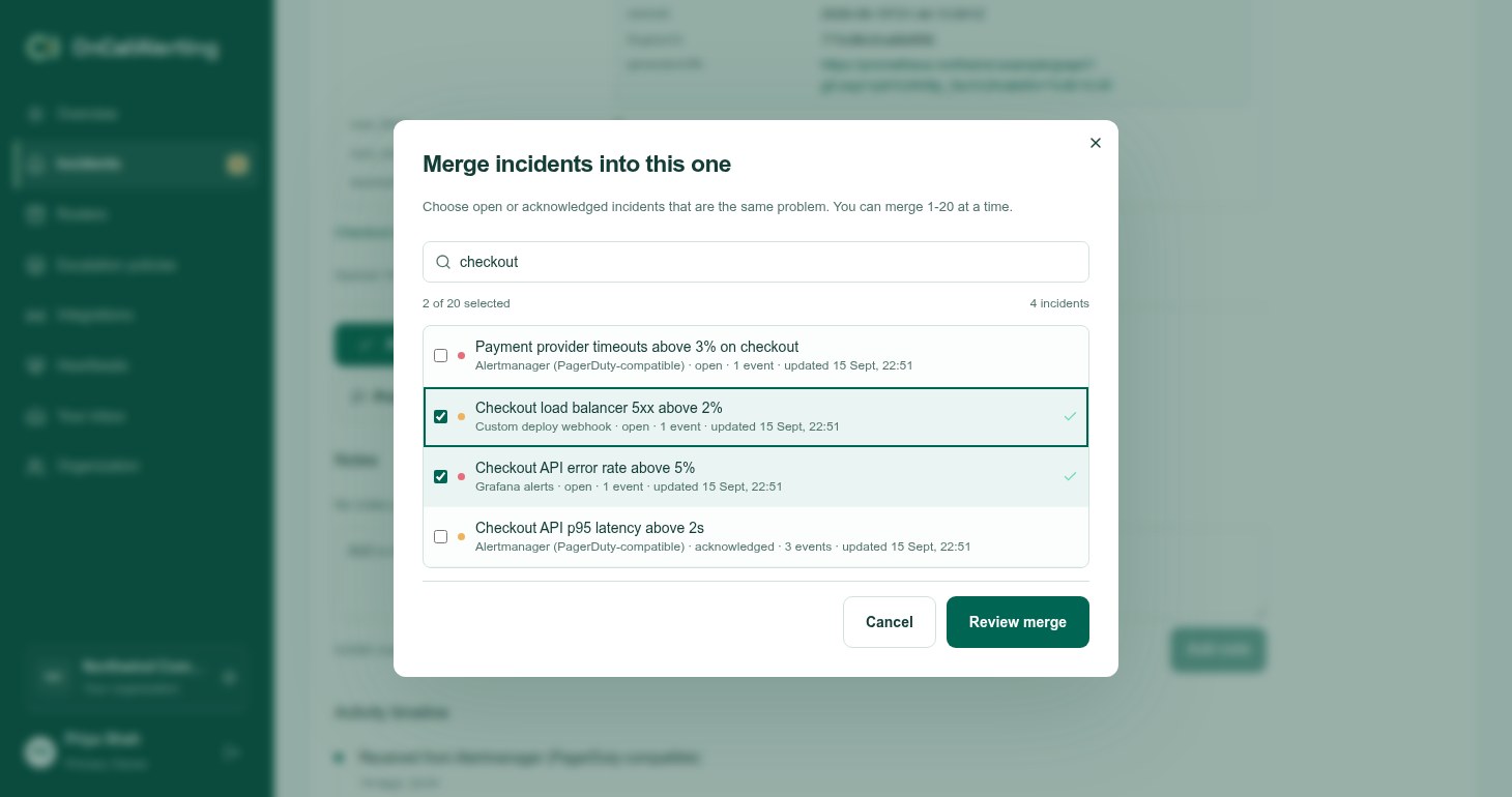 The Merge incidents into this one dialog, with a search box and two incidents selected