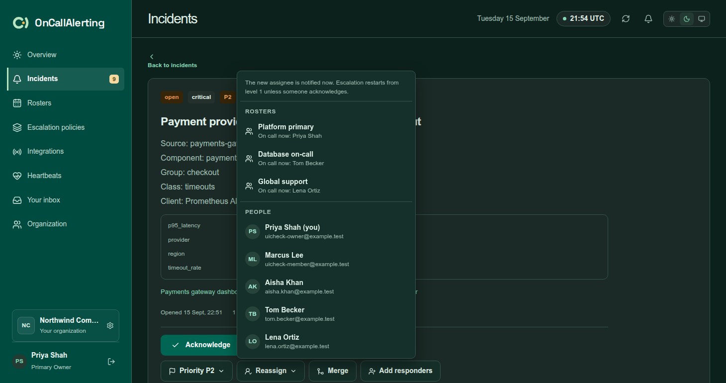 The Reassign menu listing rosters with who is on call now, then people