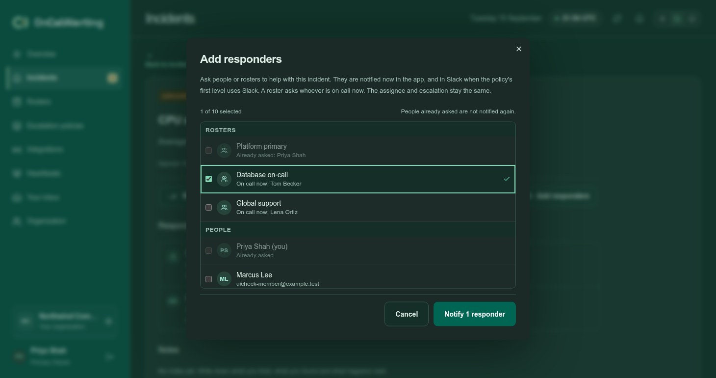 The Add responders dialog listing rosters with who is on call now, and people