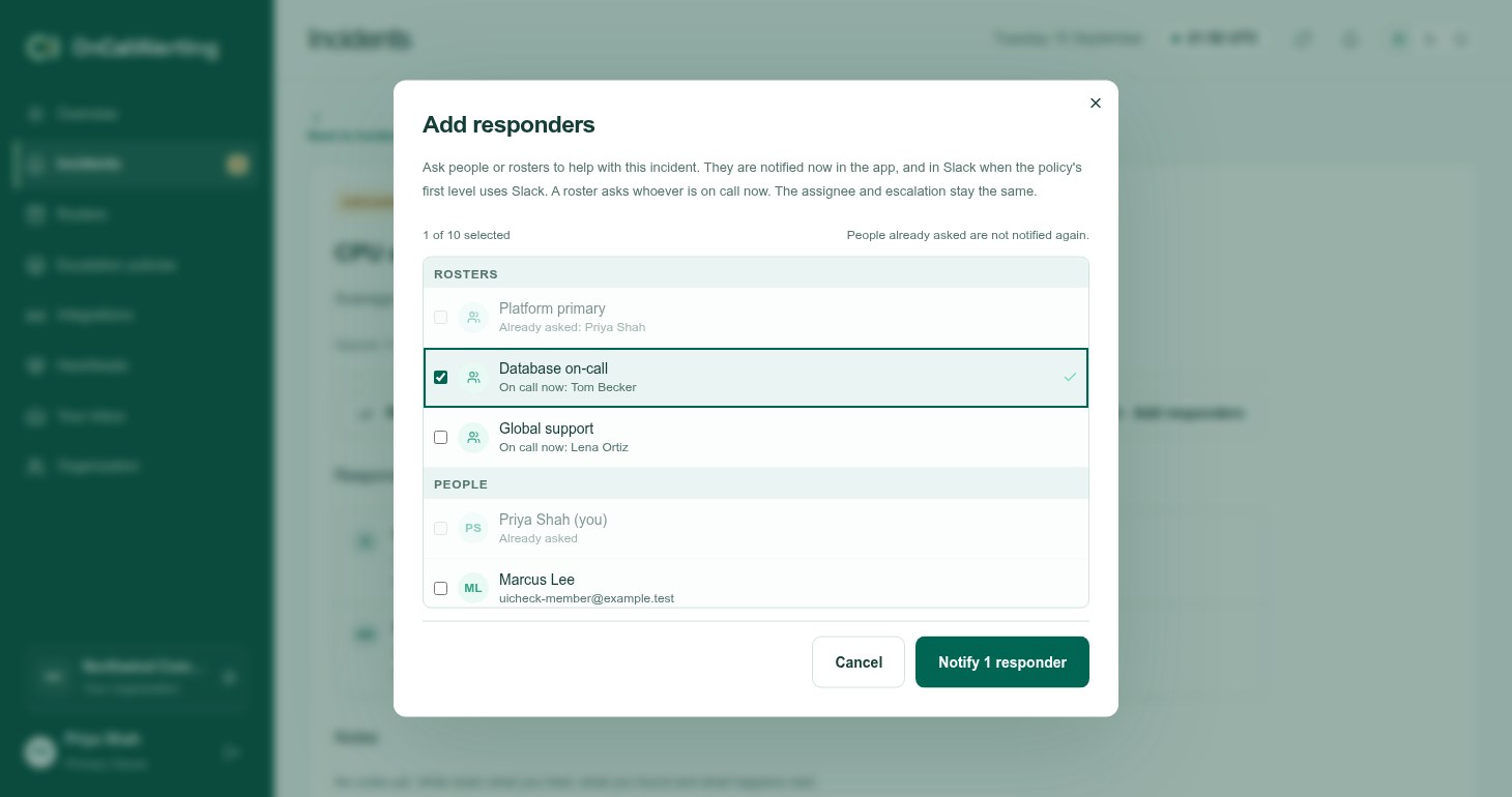 The Add responders dialog listing rosters with who is on call now, and people
