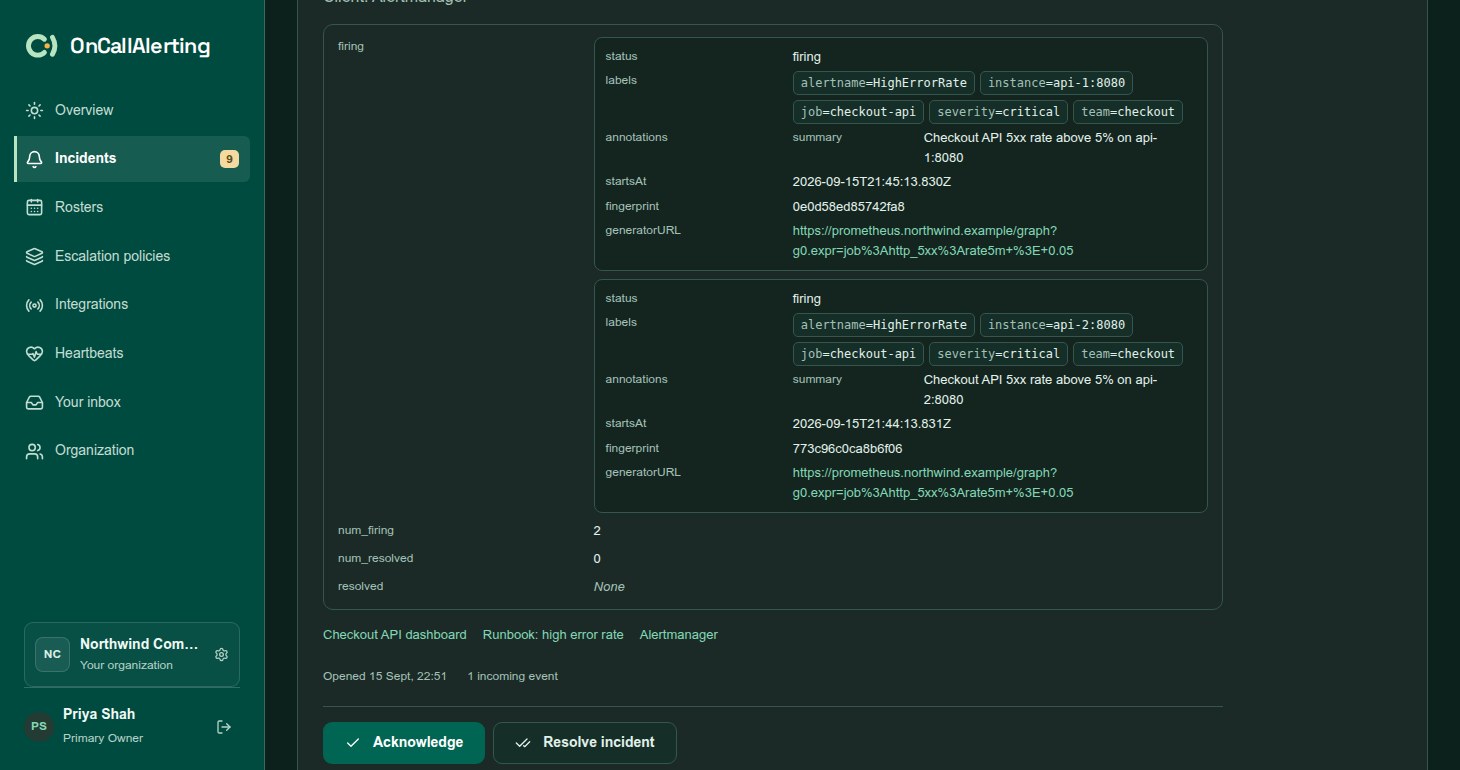 Incident details showing Alertmanager firing alerts as cards, with labels as chips and annotations as fields