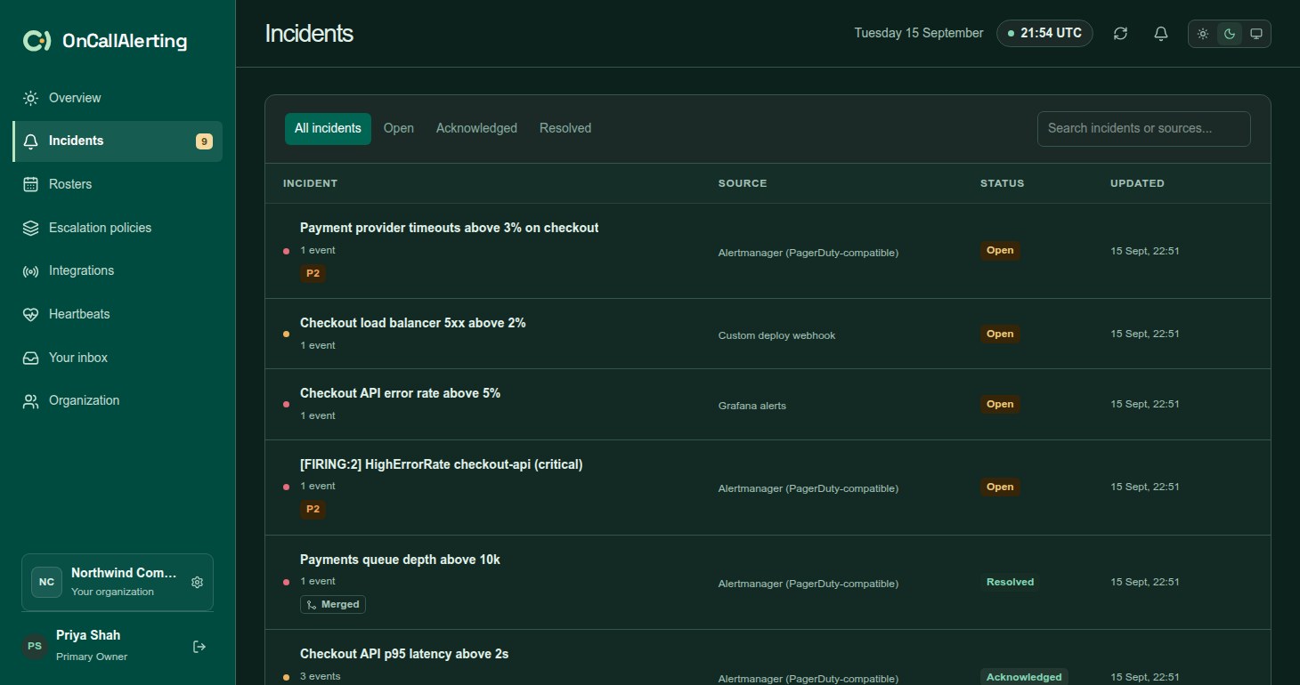 The Incidents page with status filters, a search box and incidents showing priority, assignee and snoozed badges