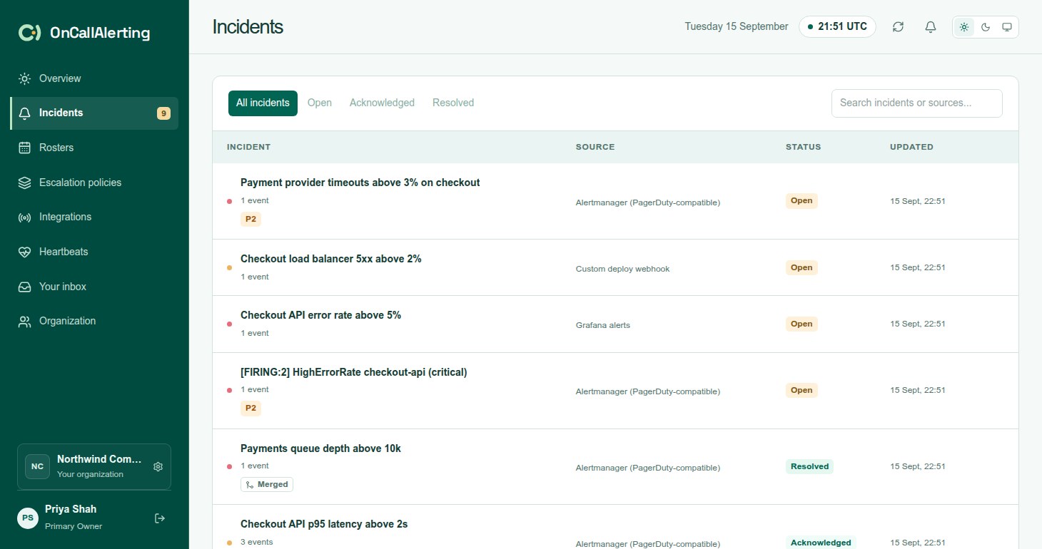 The Incidents page with status filters, a search box and incidents showing priority, assignee and snoozed badges