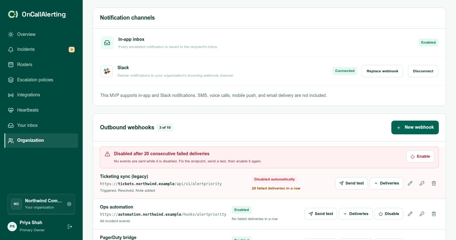 Notification channels on the Organization page, with the in-app inbox enabled and the Slack connection