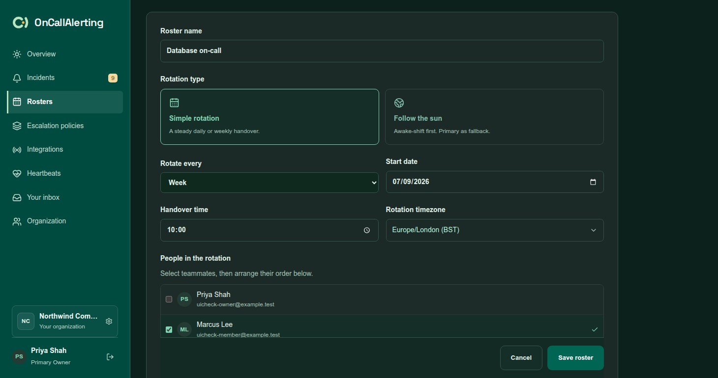 The roster editor with the roster name, rotation type, rotation length, start date, handover time and timezone