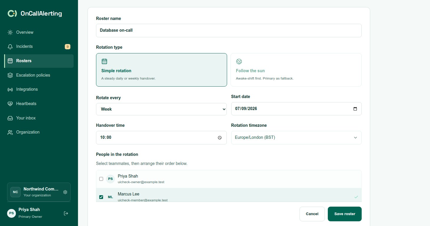 The roster editor with the roster name, rotation type, rotation length, start date, handover time and timezone