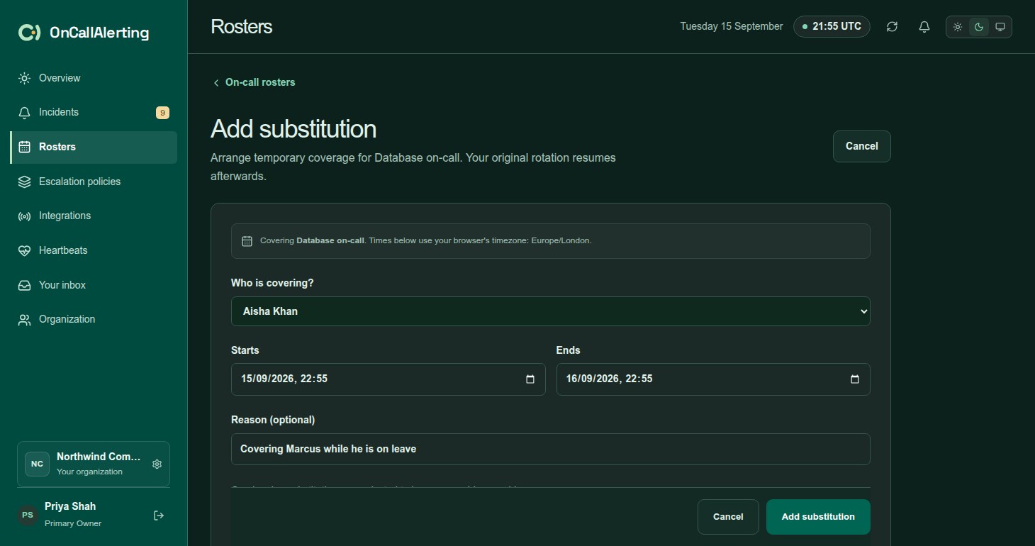 The Add substitution form with who is covering, start and end times and a reason