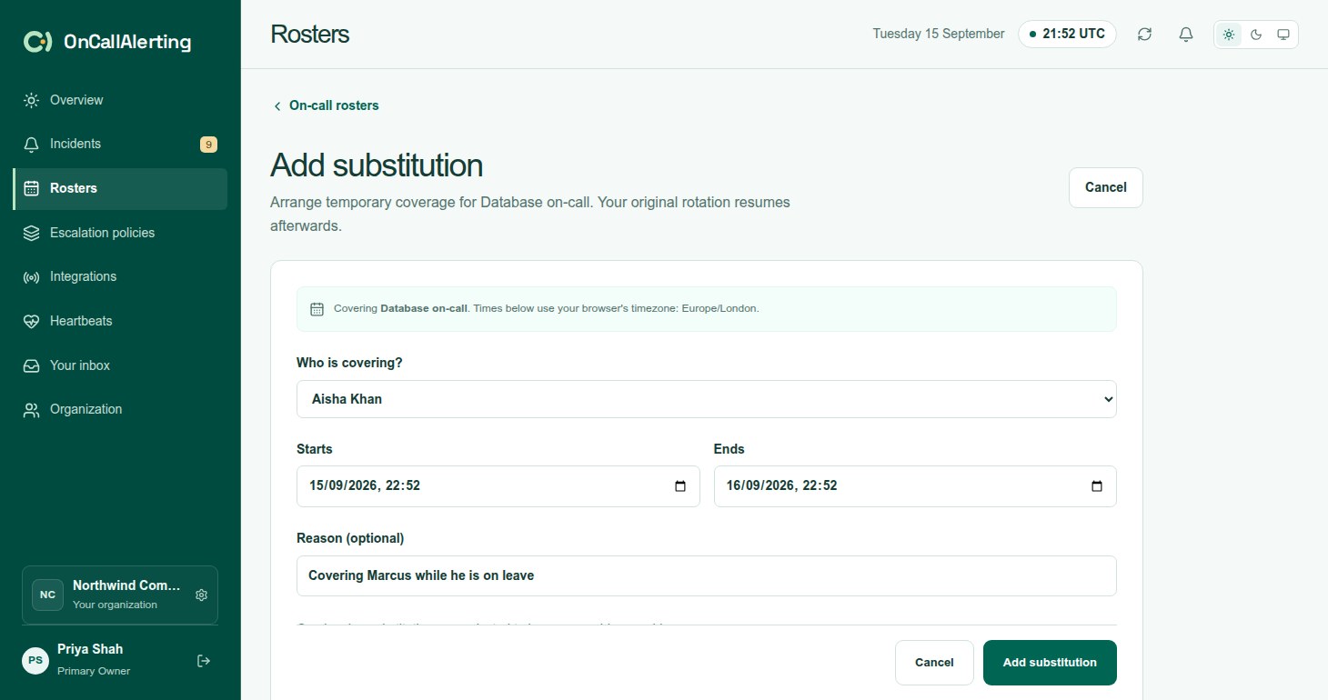 The Add substitution form with who is covering, start and end times and a reason