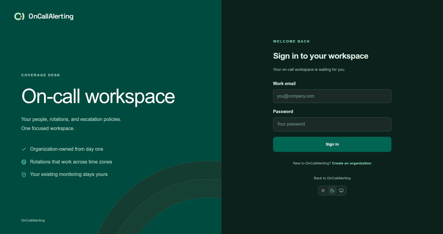 The OnCallAlerting sign-in page, with the form to sign in to your workspace and a link to create an organization