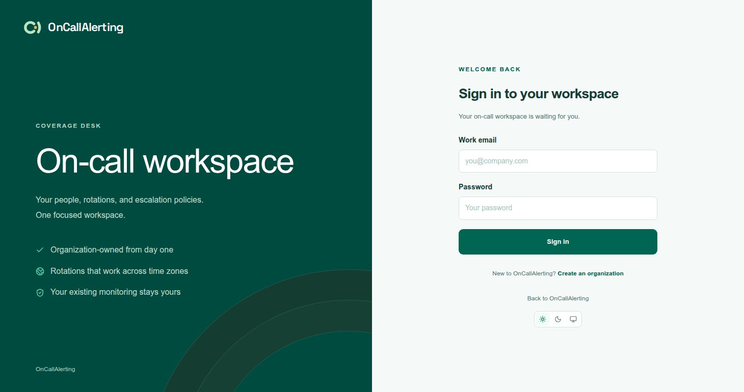The OnCallAlerting sign-in page, with the form to sign in to your workspace and a link to create an organization