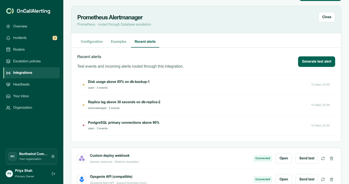 The Recent alerts tab of a source with the Generate test alert button and incidents from that source