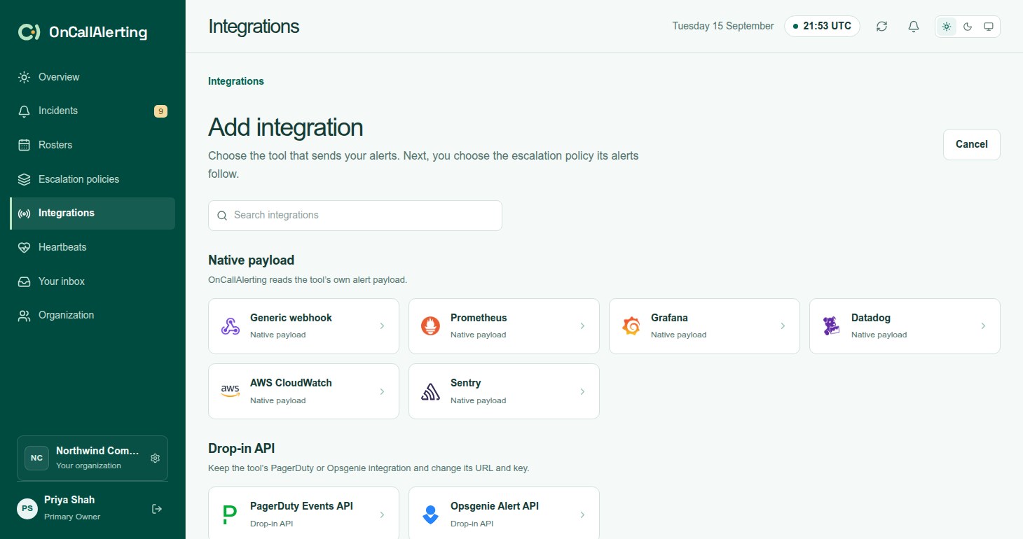 The Add integration page with native payload sources, drop-in APIs and generic JSON webhook tools in groups