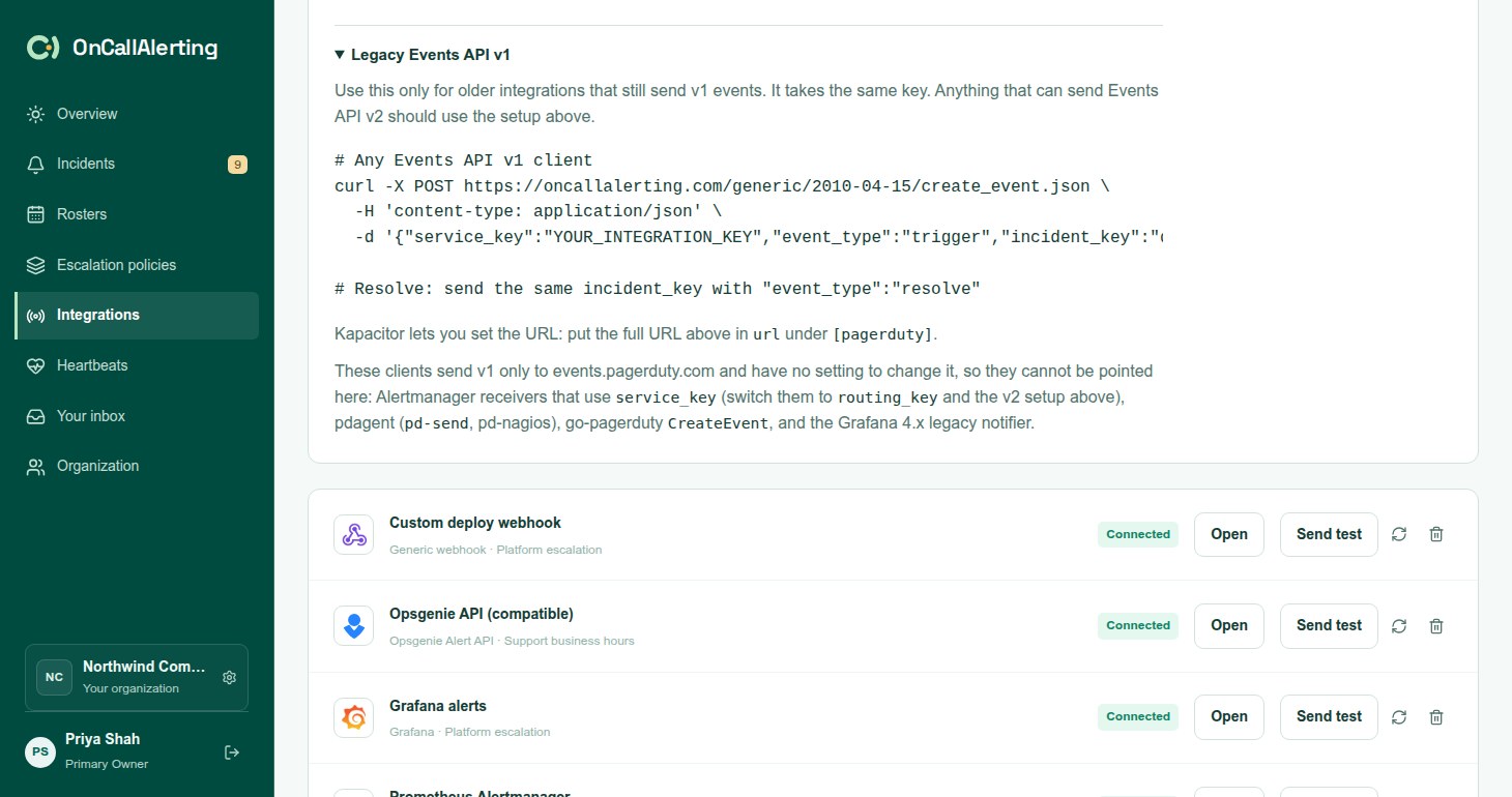 The Legacy Events API v1 section expanded on a PagerDuty-compatible source, with a curl example