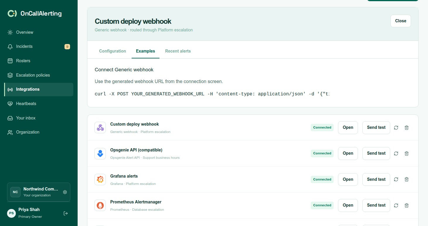 The generic JSON webhook setup dialog with the secret link and a curl example