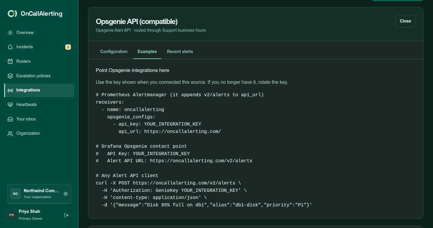 The Opsgenie-compatible source setup dialog with the API key, the URL and Alert API examples
