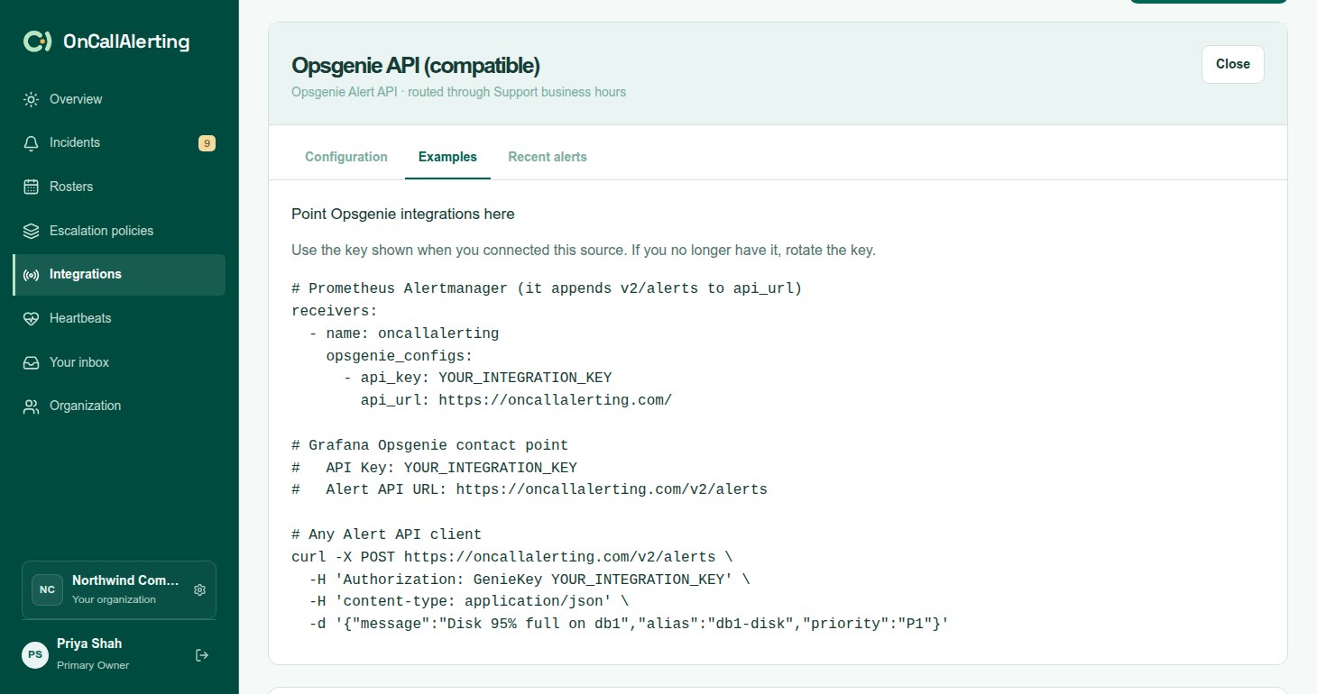 The Opsgenie-compatible source setup dialog with the API key, the URL and Alert API examples
