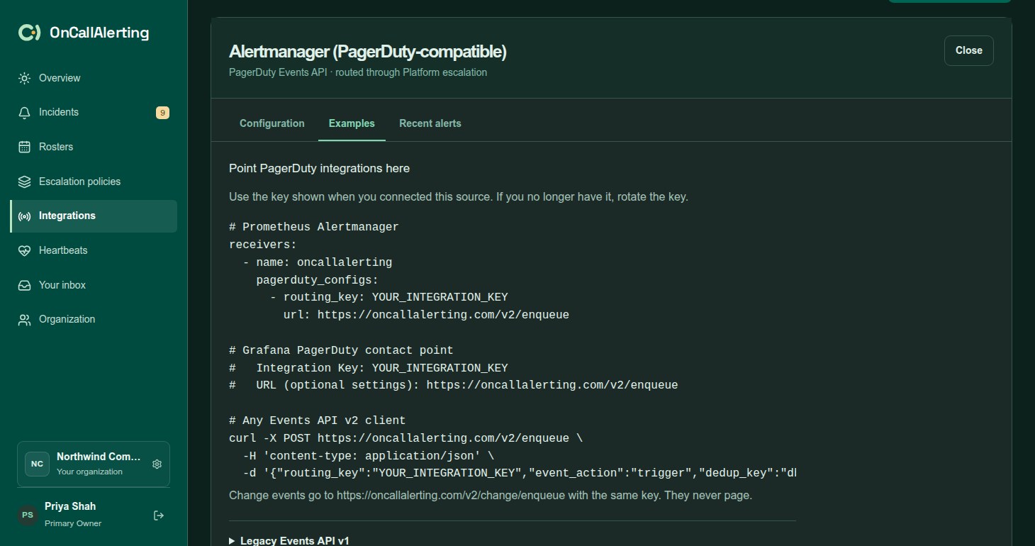 The PagerDuty-compatible source setup dialog with the integration key, the URL and Events API v2 examples