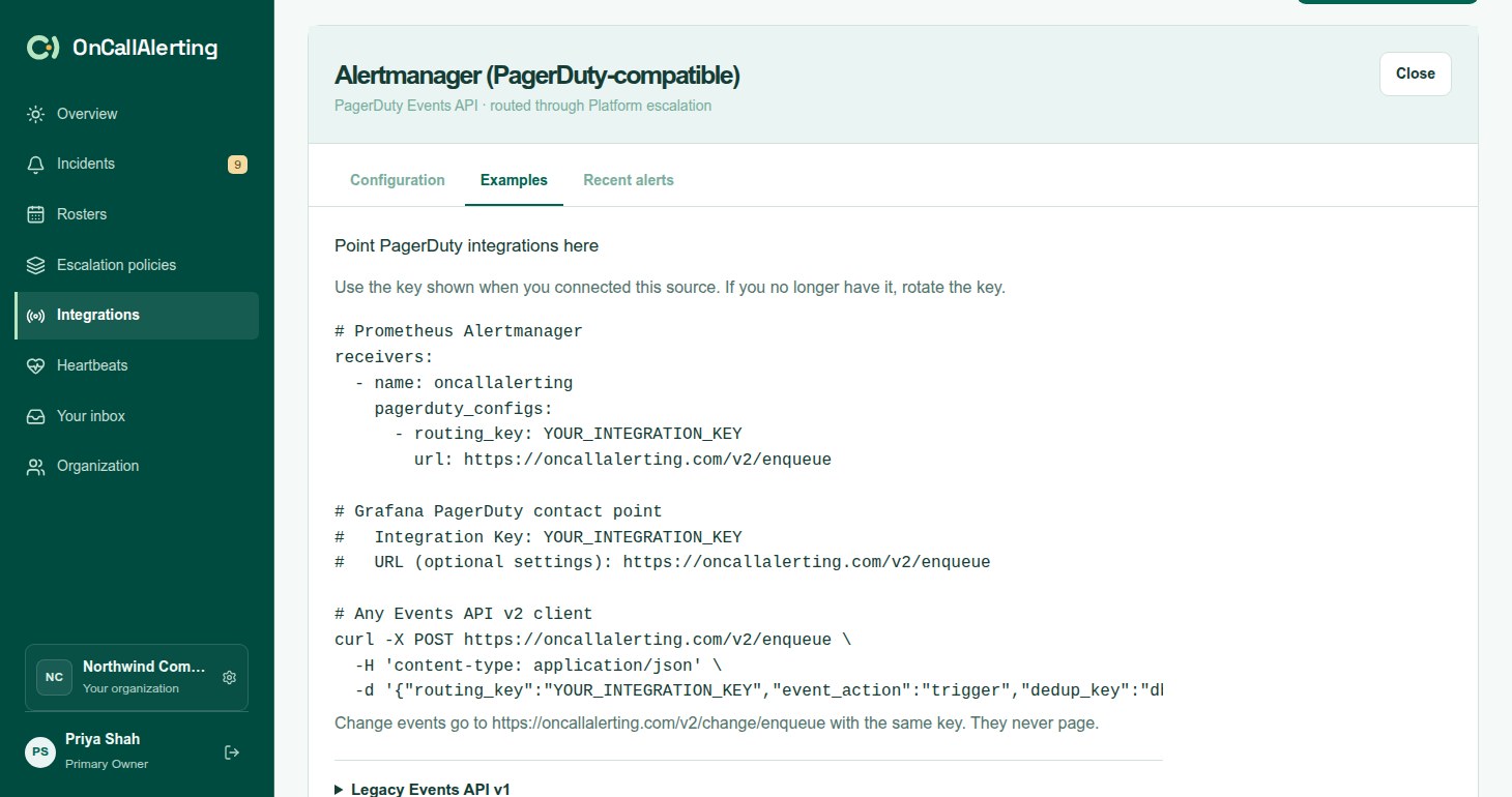 The PagerDuty-compatible source setup dialog with the integration key, the URL and Events API v2 examples