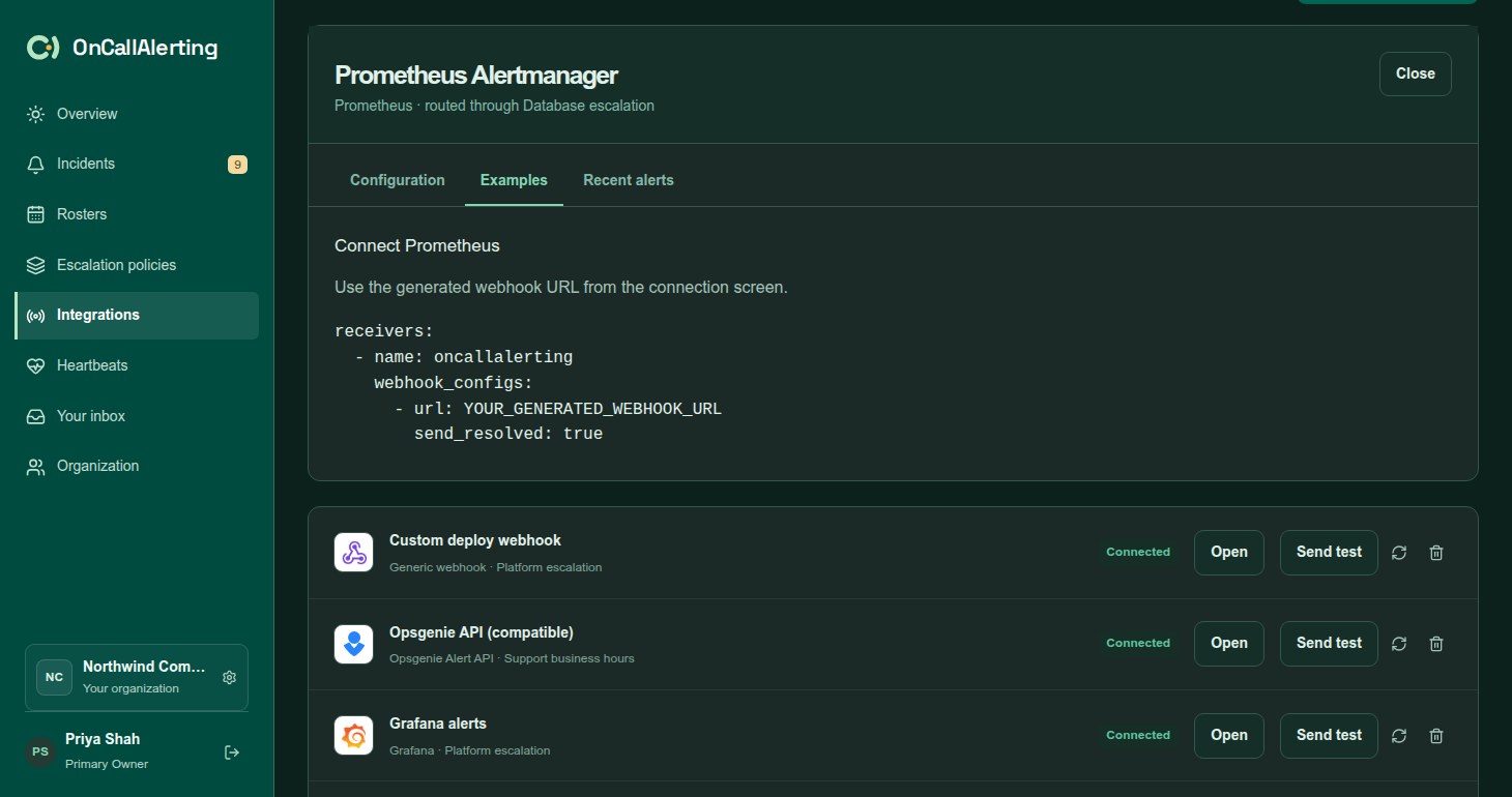The Prometheus Alertmanager source setup dialog with the secret link and an Alertmanager receiver example