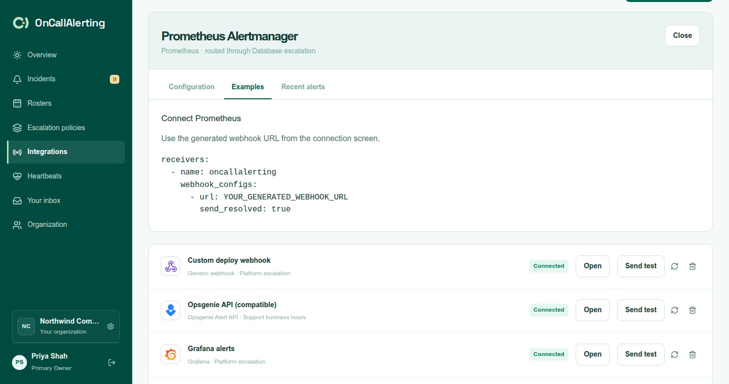 The Prometheus Alertmanager source setup dialog with the secret link and an Alertmanager receiver example