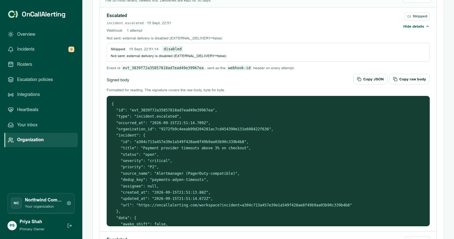 The Deliveries panel of a webhook with one delivery expanded, showing its attempts and the signed body