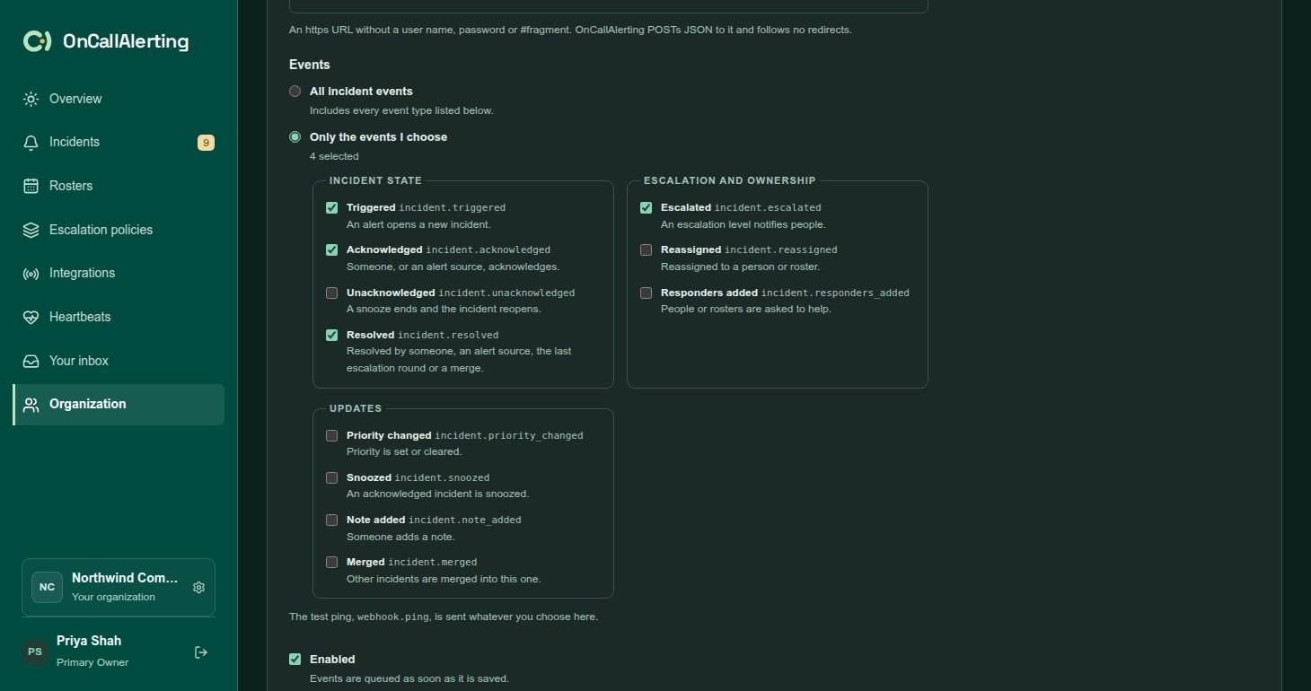 The Create webhook form with name, URL, the choice of all incident events or chosen events, and the Enabled checkbox