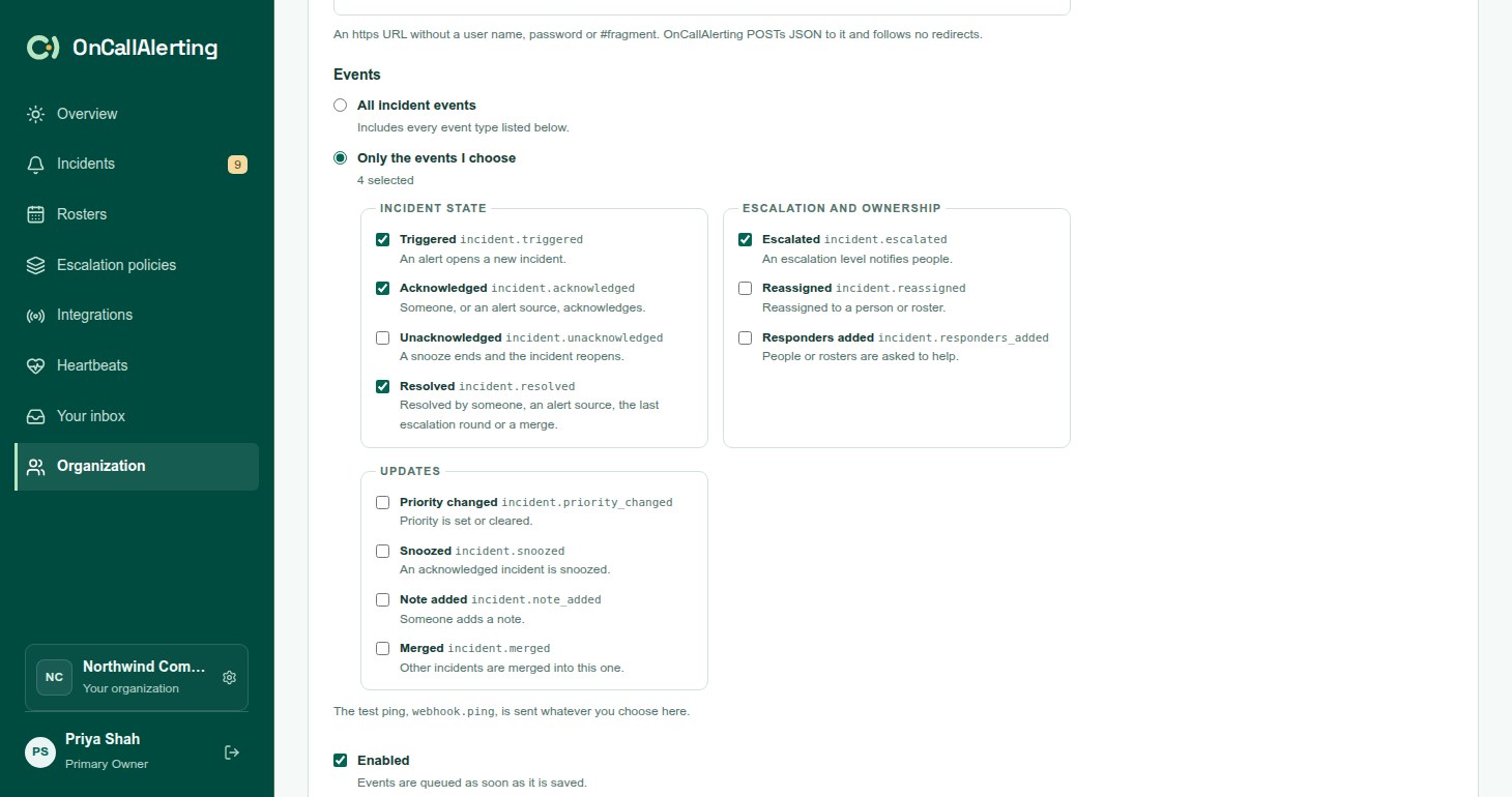 The Create webhook form with name, URL, the choice of all incident events or chosen events, and the Enabled checkbox