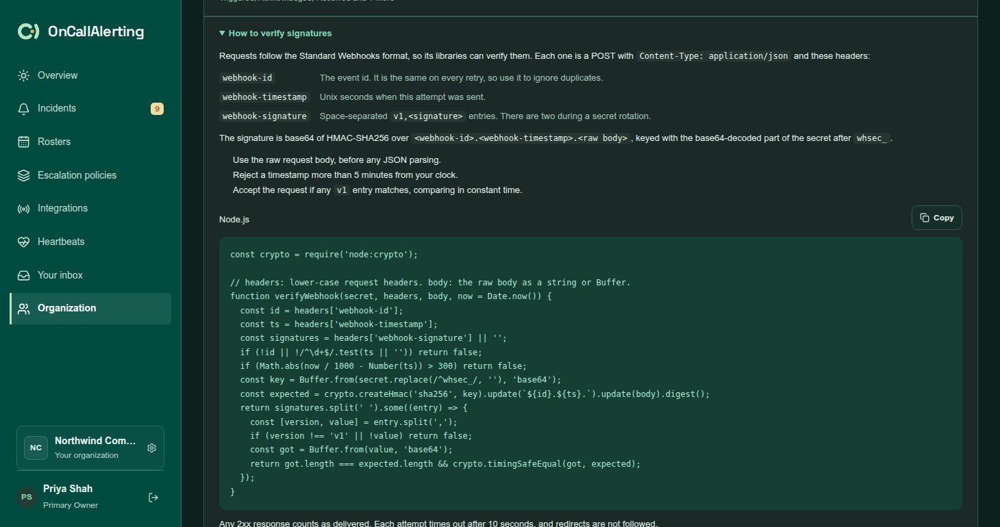 The How to verify signatures section expanded, with the headers, the signing steps and a Node.js example
