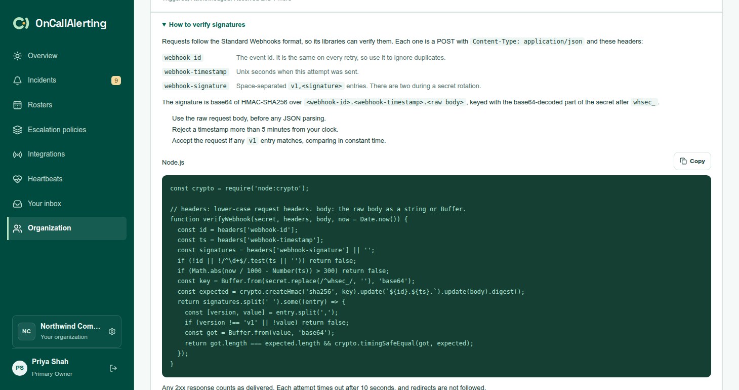 The How to verify signatures section expanded, with the headers, the signing steps and a Node.js example