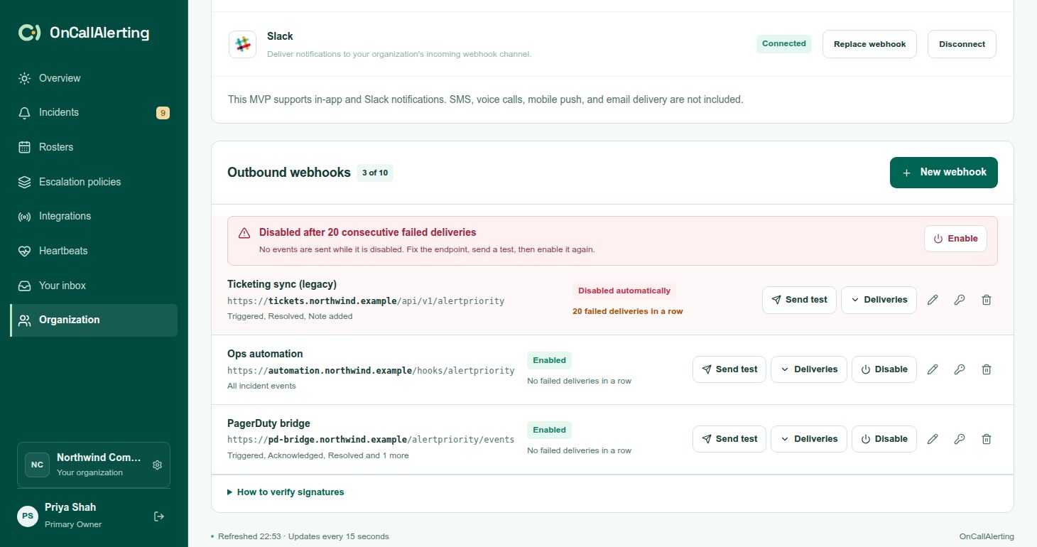 The Outbound webhooks section with an enabled webhook and one disabled automatically after failed deliveries